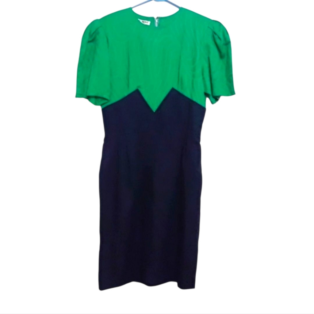 Hanae Mori Green Colorblock Vintage 1980s Dress